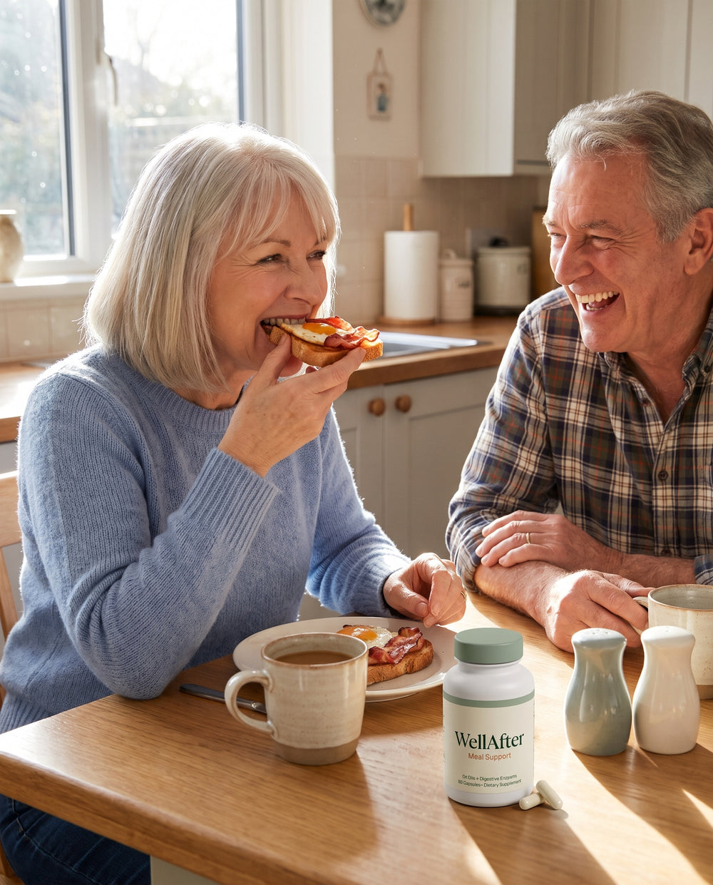 Couple enjoying eggs and bacon with WellAfter on the table