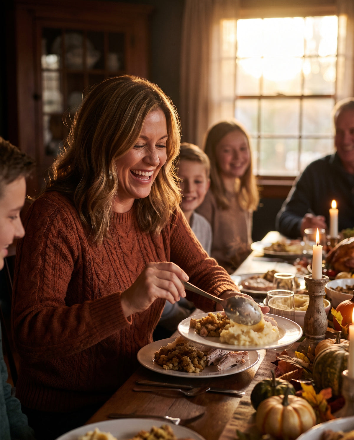 Woman happily taking a second helping at Thanksgiving dinner