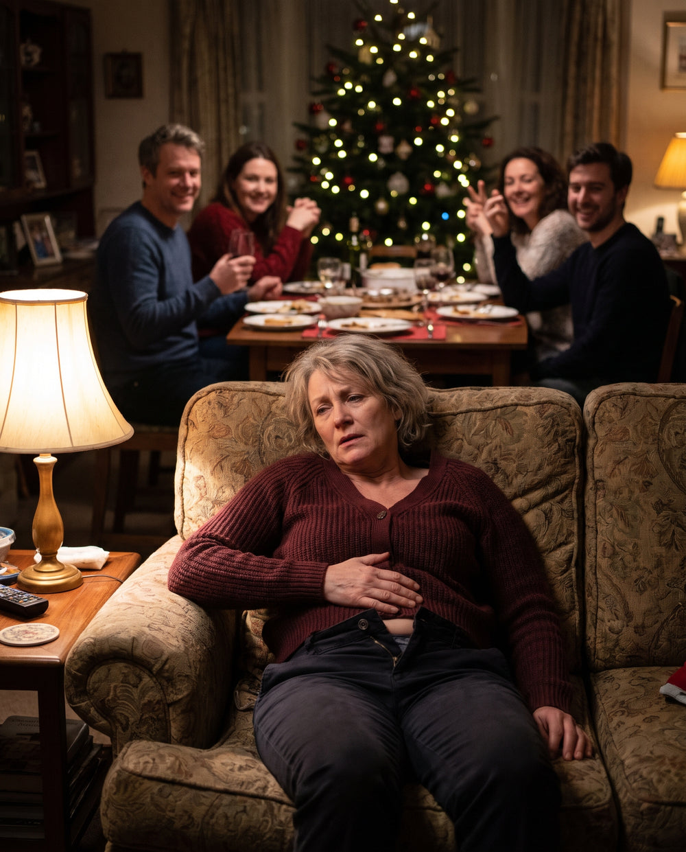 Woman uncomfortable on the couch after a rich holiday dinner